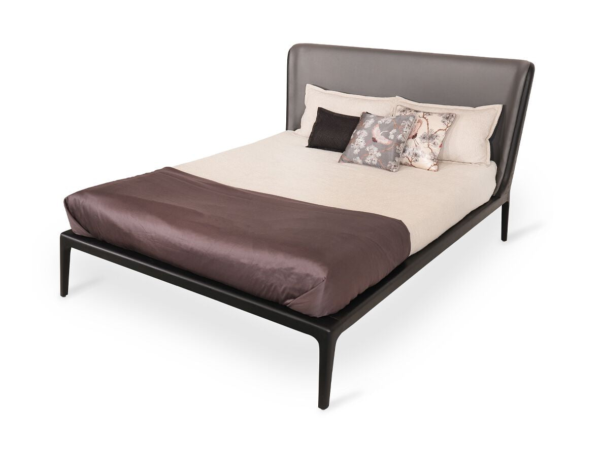 Nillyn style bed, view 2; design reference for a custom teak bed by Gulmohar Wood Works, Bangalore. Fabric shown is not final.