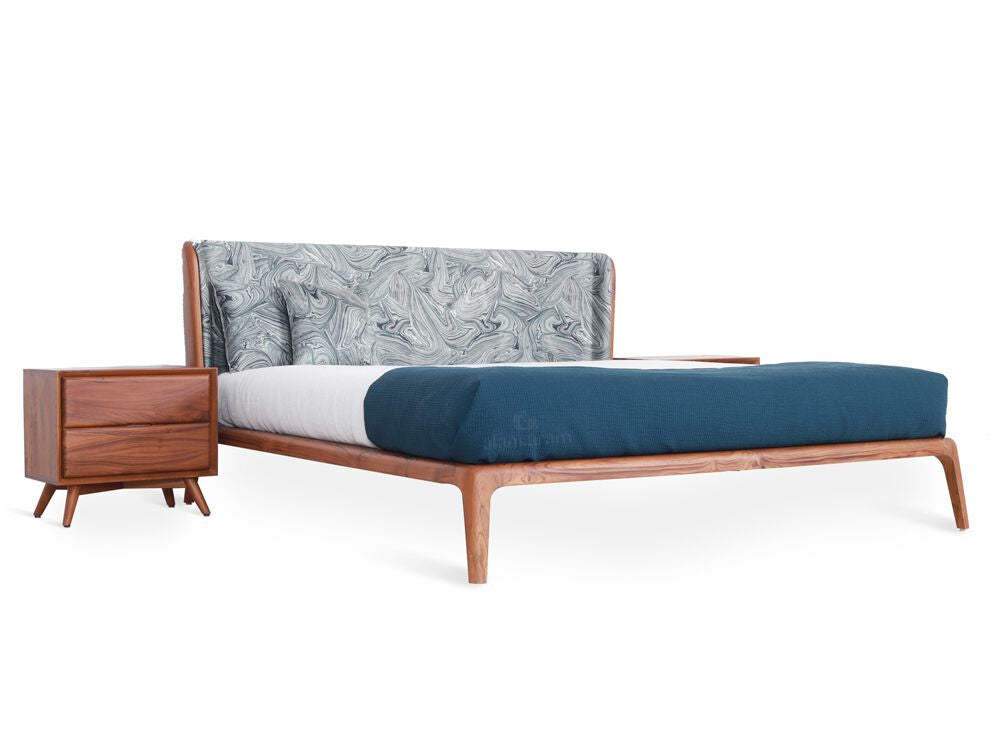 Nillyn style bed, view 3; design reference for a custom teak bed by Gulmohar Wood Works, Bangalore. Fabric shown is not final.