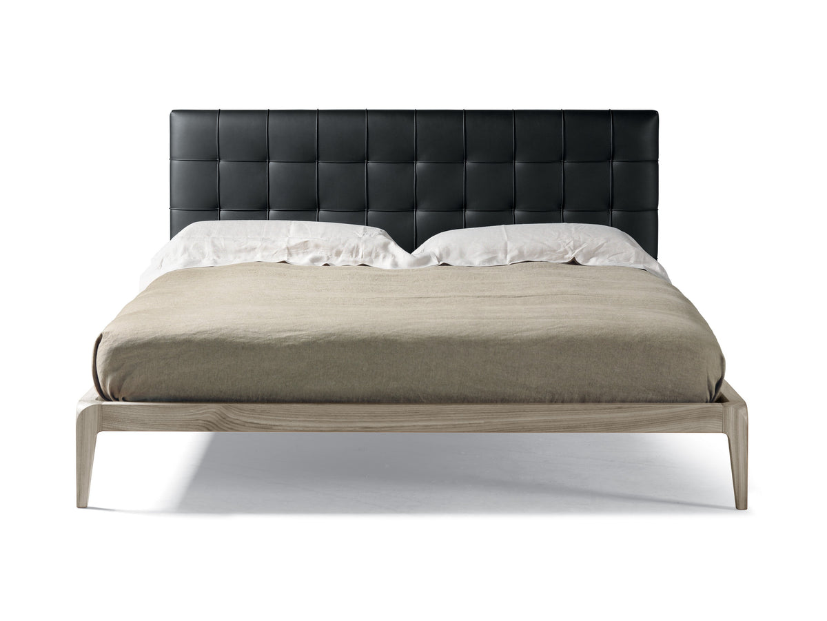 Sig.re P-622 style bed, view 1; design reference for a custom teak bed by Gulmohar Wood Works, Bangalore. Fabric shown is not final.