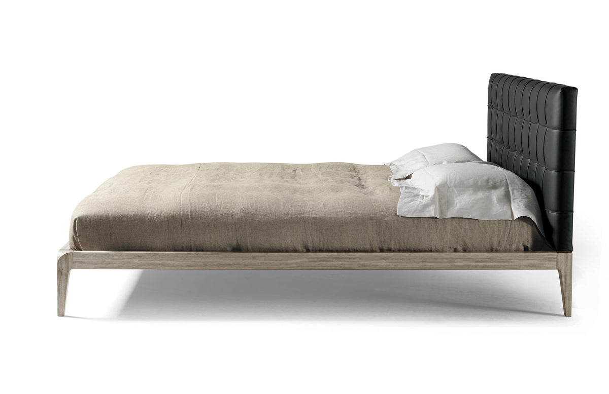 Sig.re P-622 style bed, view 2; design reference for a custom teak bed by Gulmohar Wood Works, Bangalore. Fabric shown is not final.