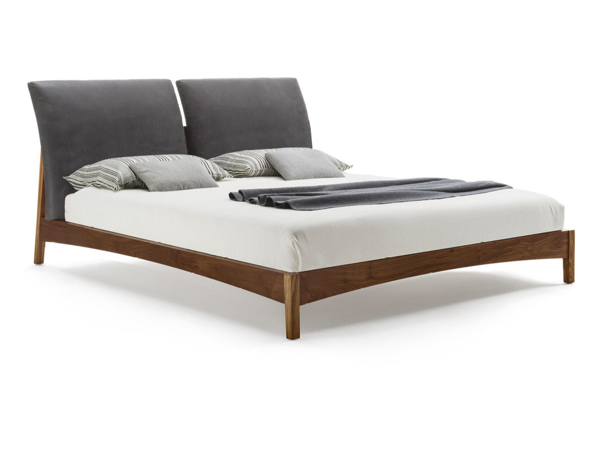 Sleepy style bed, view 1; design reference for a custom teak bed by Gulmohar Wood Works, Bangalore. Fabric shown is not final.