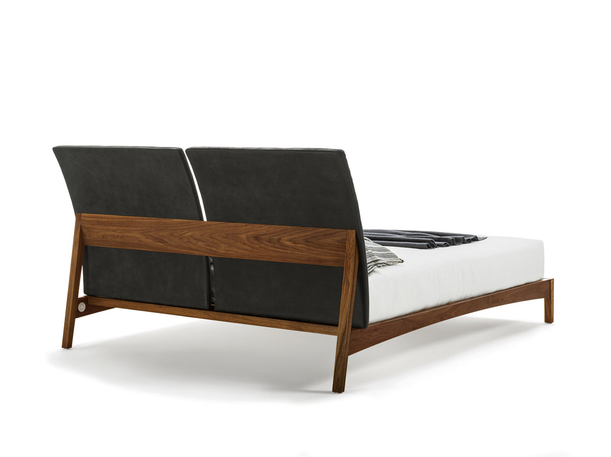 Sleepy style bed, view 2; design reference for a custom teak bed by Gulmohar Wood Works, Bangalore. Fabric shown is not final.