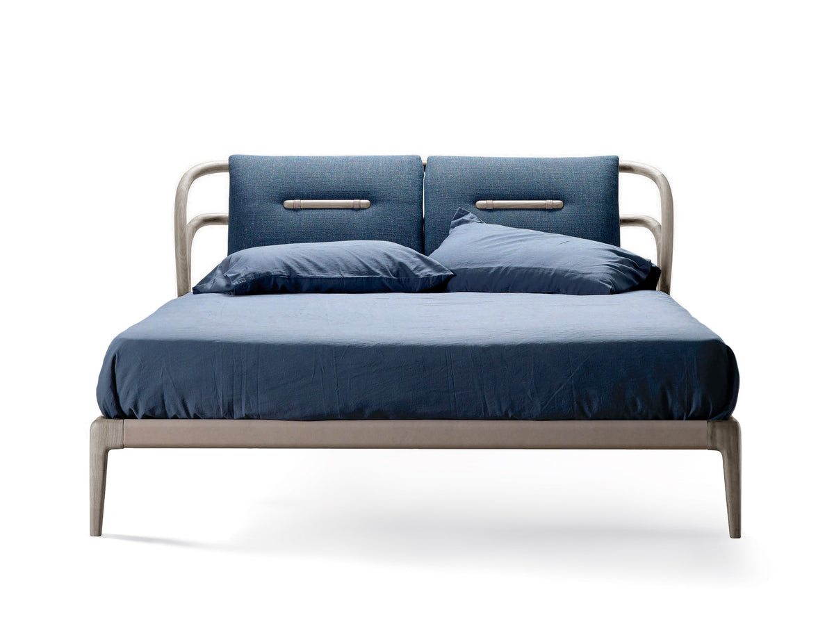 Smusso style bed, view 1; design reference for a custom teak bed by Gulmohar Wood Works, Bangalore. Fabric shown is not final.