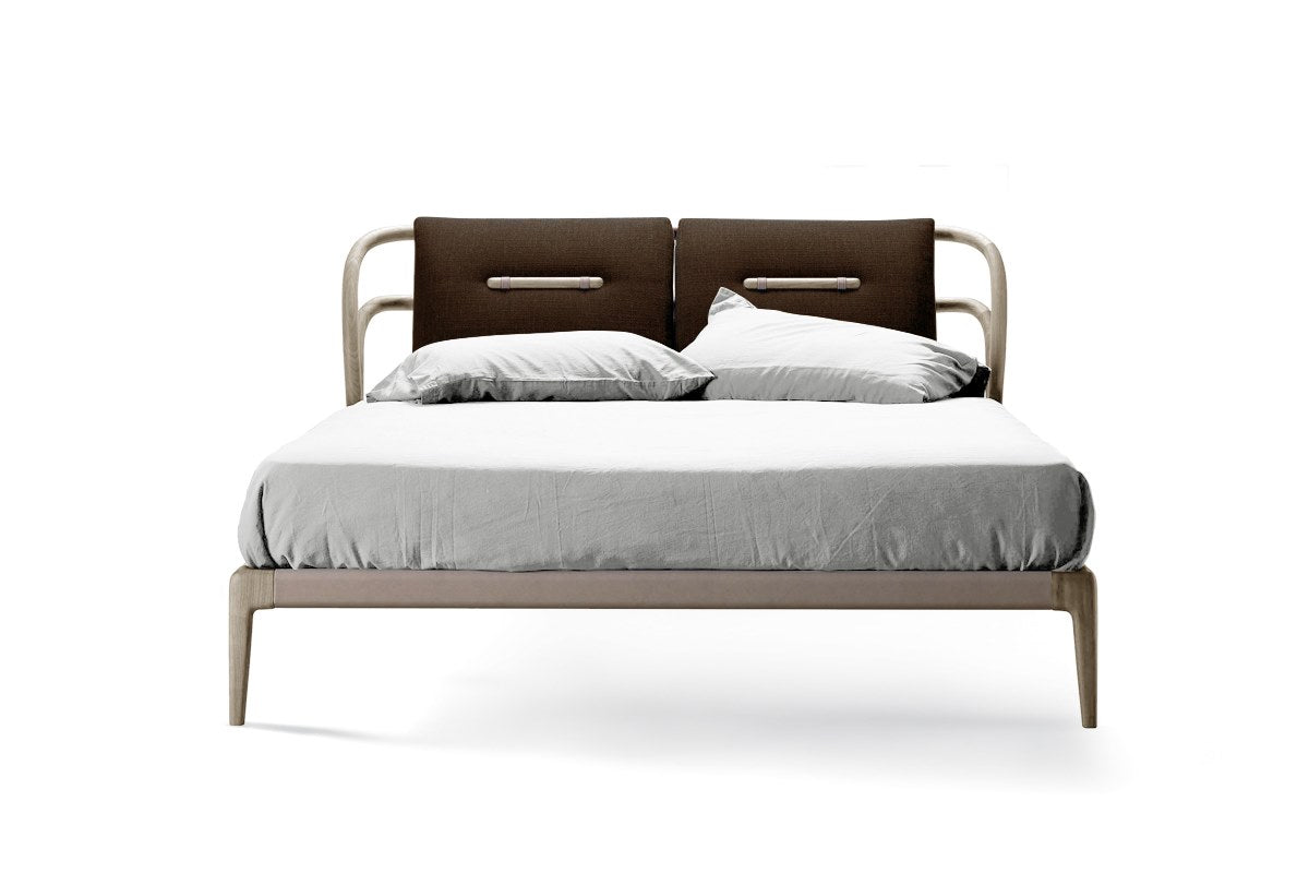 Smusso style bed, view 2; design reference for a custom teak bed by Gulmohar Wood Works, Bangalore. Fabric shown is not final.