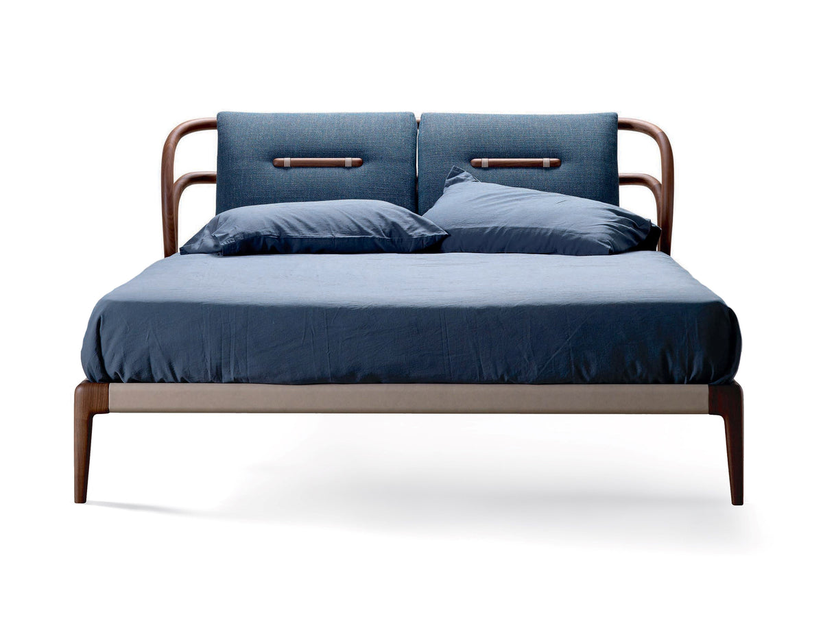 Smusso style bed, view 3; design reference for a custom teak bed by Gulmohar Wood Works, Bangalore. Fabric shown is not final.