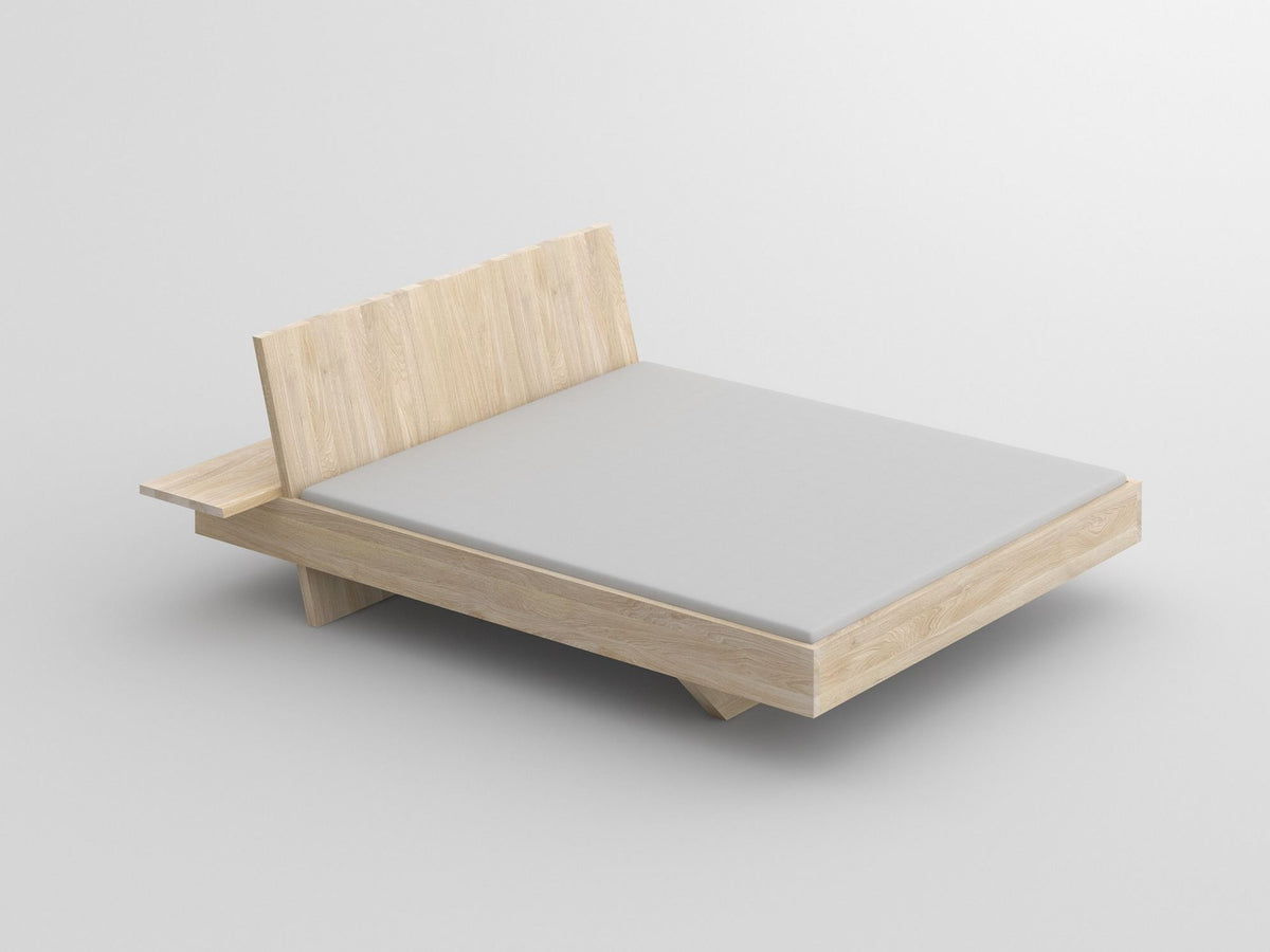 Somnia style bed, view 2; design reference for a custom teak bed by Gulmohar Wood Works, Bangalore. Fabric shown is not final.