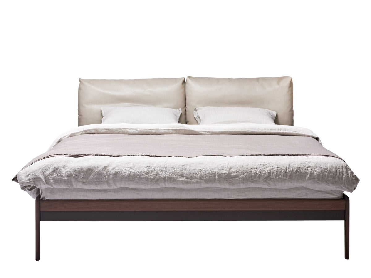 Sova style bed, view 1; design reference for a custom teak bed by Gulmohar Wood Works, Bangalore. Fabric shown is not final.