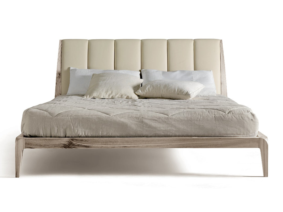Verso Nord P-612 style bed, view 2; design reference for a custom teak bed by Gulmohar Wood Works, Bangalore. Fabric shown is not final.
