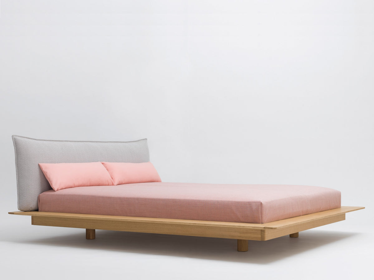Yoma style bed, view 1; design reference for a custom teak bed by Gulmohar Wood Works, Bangalore. Fabric shown is not final.