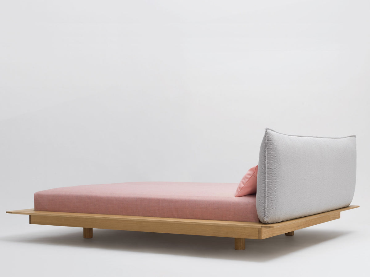 Yoma style bed, view 2; design reference for a custom teak bed by Gulmohar Wood Works, Bangalore. Fabric shown is not final.