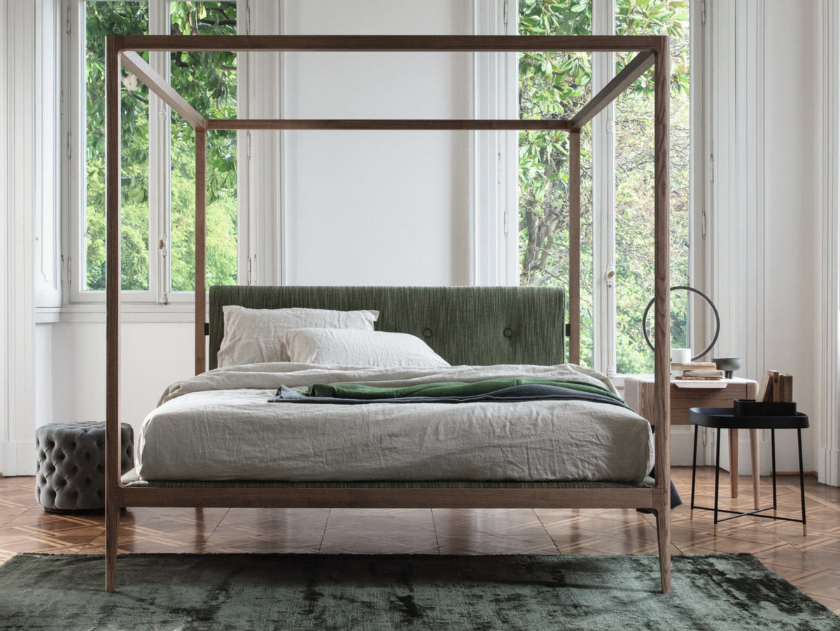 Ziggy Canopy style bed, view 1; design reference for a custom teak bed by Gulmohar Wood Works, Bangalore. Fabric shown is not final.