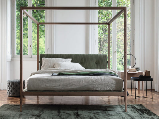Ziggy Canopy style bed, view 1; design reference for a custom teak bed by Gulmohar Wood Works, Bangalore. Fabric shown is not final.