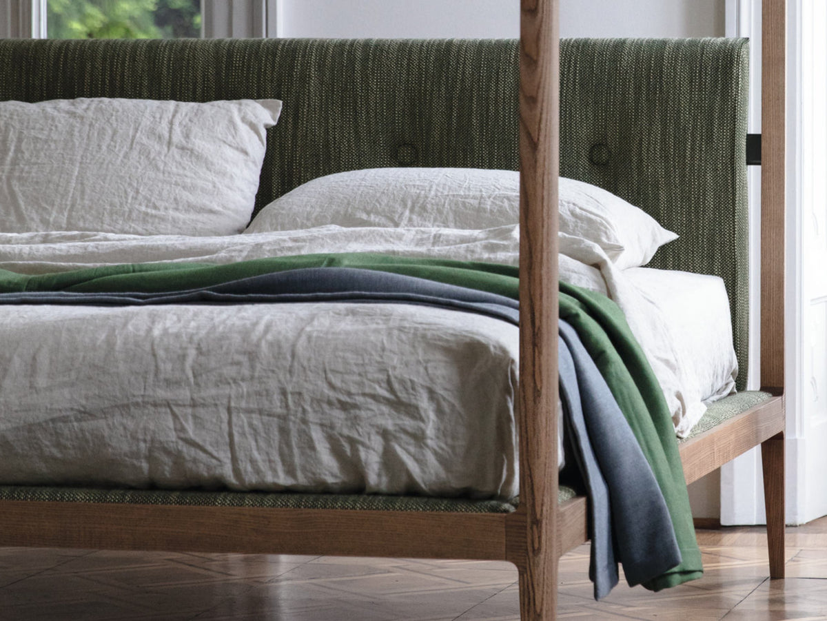 Ziggy Canopy style bed, view 2; design reference for a custom teak bed by Gulmohar Wood Works, Bangalore. Fabric shown is not final.