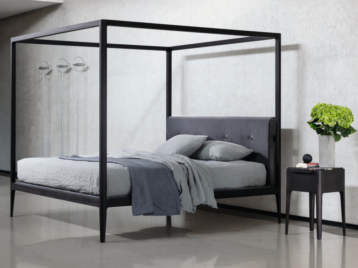 Ziggy Canopy style bed, view 3; design reference for a custom teak bed by Gulmohar Wood Works, Bangalore. Fabric shown is not final.