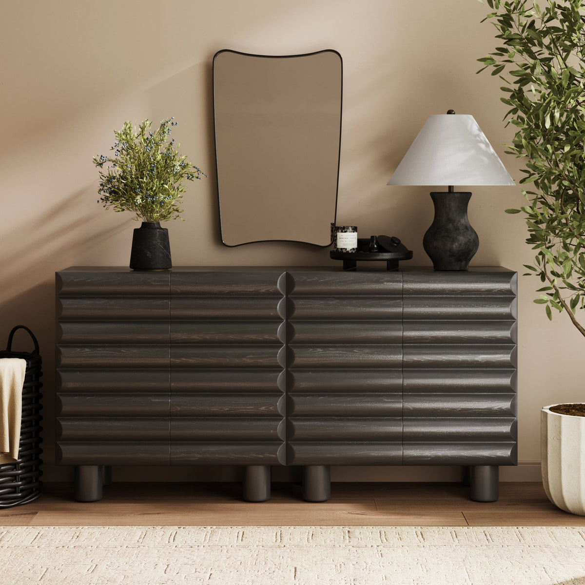 Kendra design reference by Nathan James; custom teak console unit by Gulmohar Wood Works Bangalore
