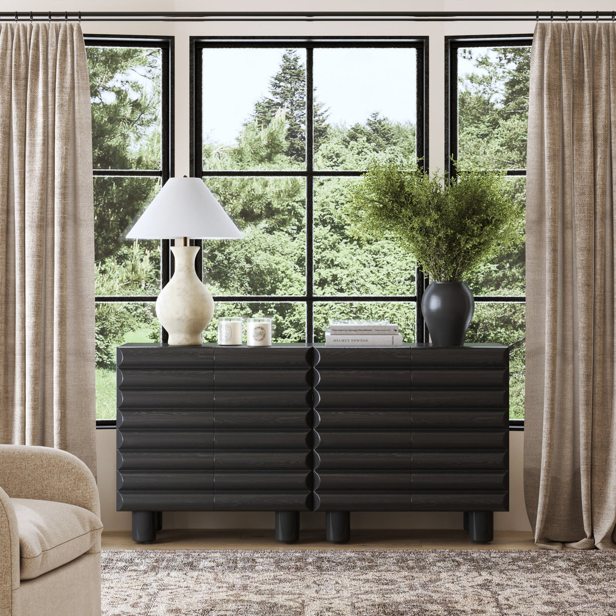 Kendra design reference by Nathan James; custom teak console unit by Gulmohar Wood Works Bangalore