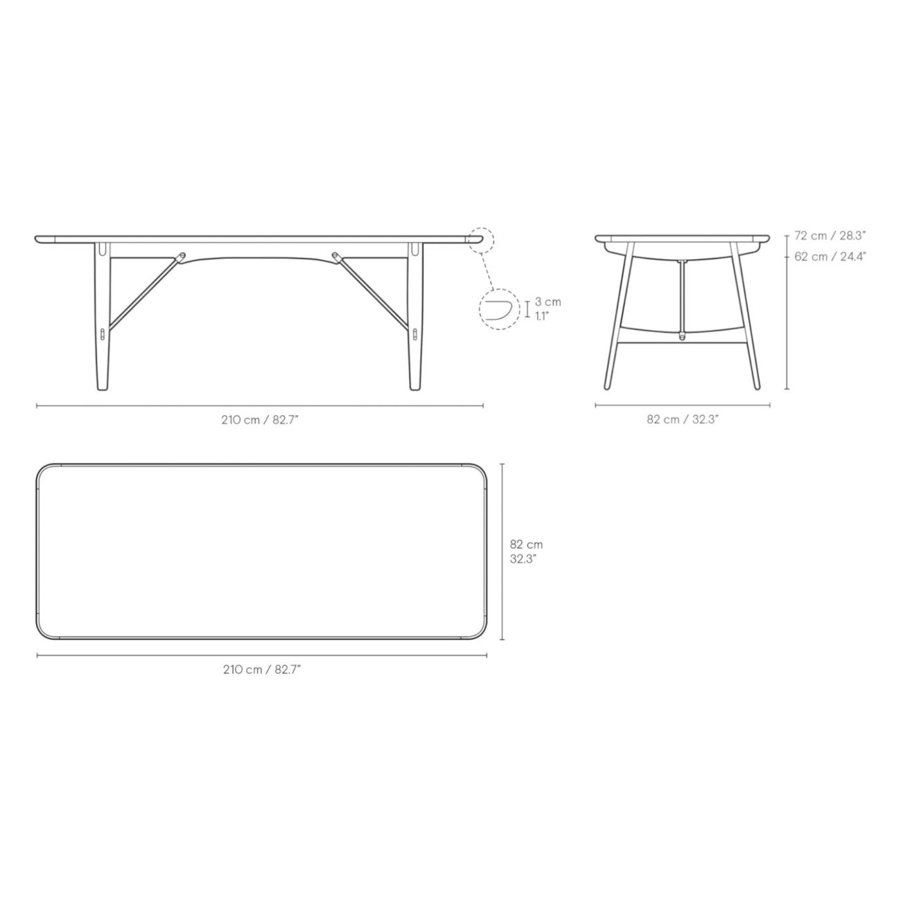 Technical line drawing showing the dimensions and profile of the BM1160 Hunting Table.