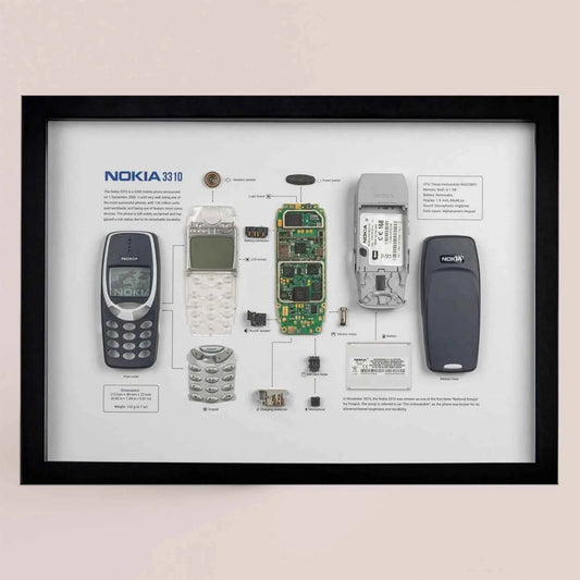 A framed display featuring a disassembled Nokia 3310 mobile phone with labeled components.