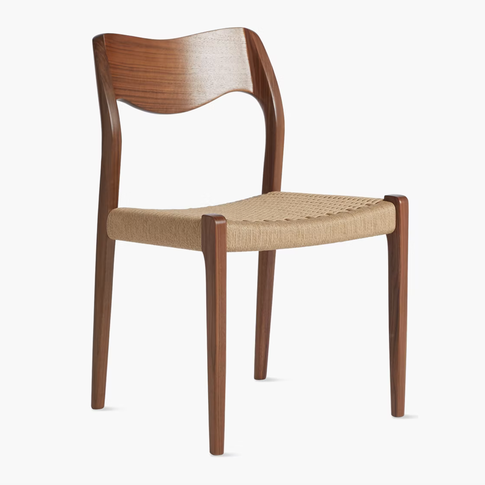 Original J.L. Møller Model 71 design reference — front three-quarter view. Source: BLU KAT. Custom Gulmohar teak version may differ.