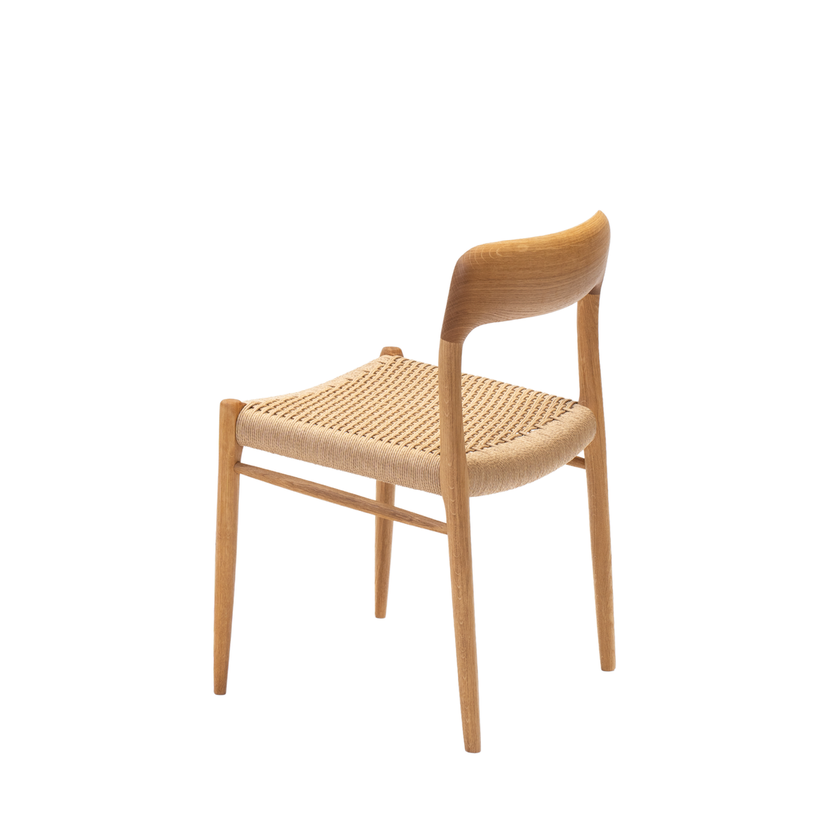 Original J.L. Møller Model 75 design reference — rear three-quarter view. Source: J.L. Møller. Custom Gulmohar teak version may differ.