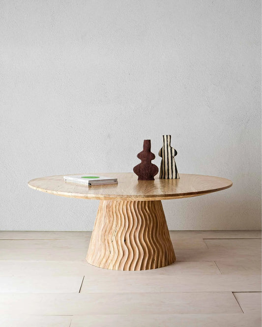 Aurora Coffee Table by Mythology, overall view in English beech; design reference, not the finished Gulmohar teak version.