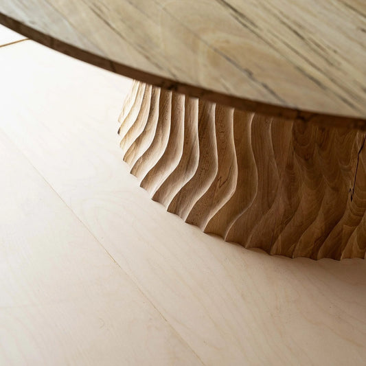 Aurora Coffee Table by Mythology, alternate view in English beech; design reference, not the finished Gulmohar teak version.