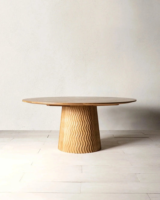 Aurora Dining Table by Mythology, overall view in English oak; design reference, not the finished Gulmohar teak version.
