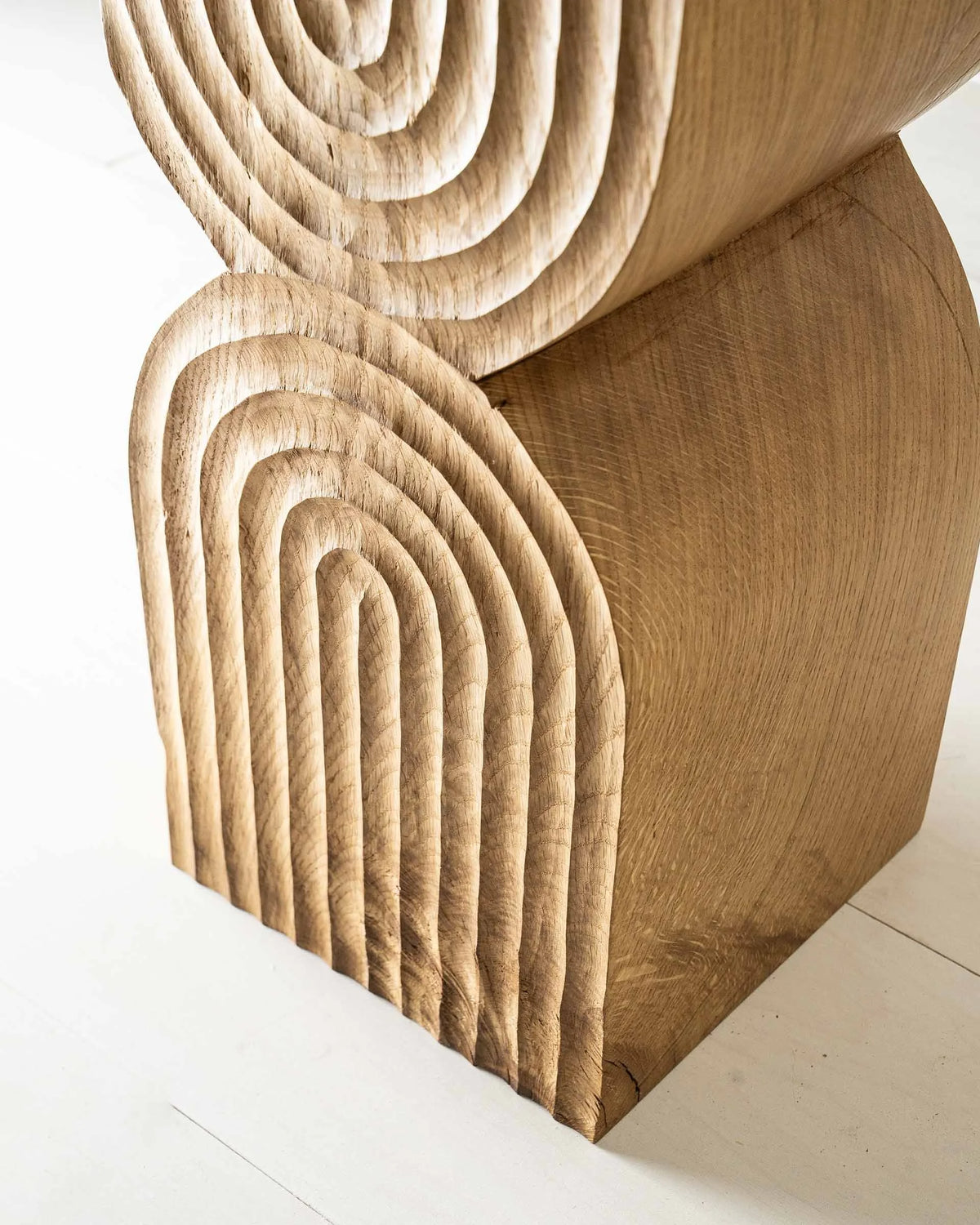 Aya Side Table by Mythology, alternate view in reclaimed oak; design reference, not the finished Gulmohar teak version.