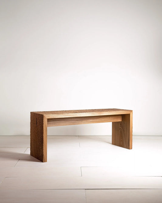 Leto Bench by Mythology, overall view in British elm; design reference, not the finished Gulmohar teak version.