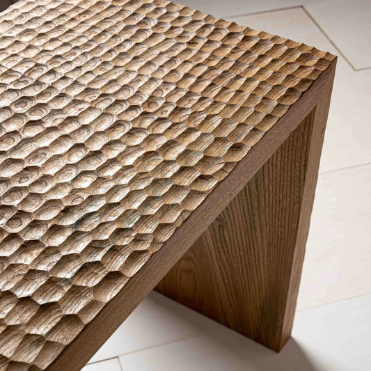 Leto Bench by Mythology, alternate view in British elm; design reference, not the finished Gulmohar teak version.