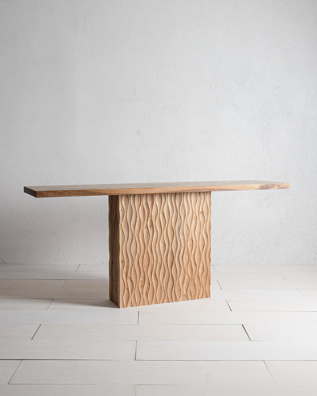 Selene Console Table by Mythology, overall view in elm; design reference, not the finished Gulmohar teak version.