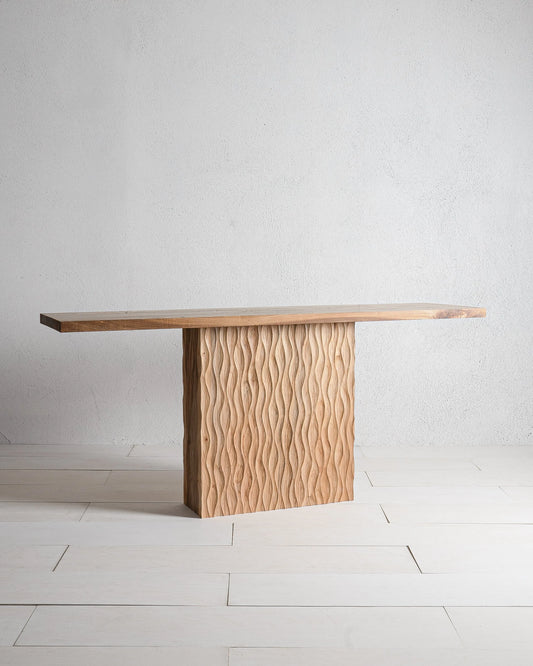 Selene Console Table by Mythology, overall view in elm; design reference, not the finished Gulmohar teak version.