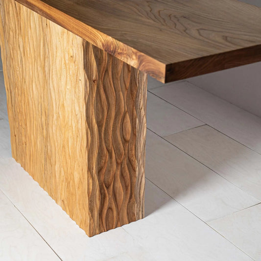 Selene Console Table by Mythology, alternate view in elm; design reference, not the finished Gulmohar teak version.