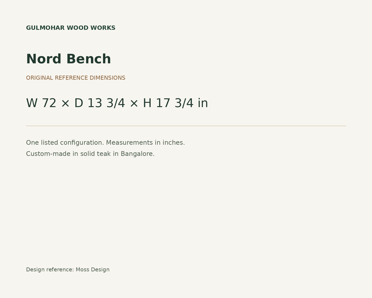 Nord Bench dimensions: W 72 × D 13 3/4 × H 17 3/4 in