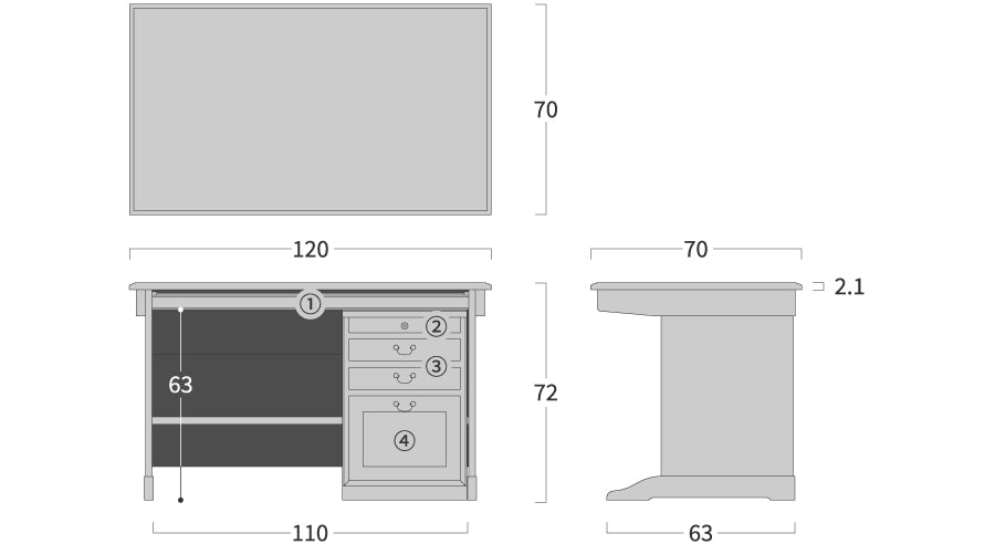 Brooks PC desk: Original dimension drawing; original design reference, not Gulmohar teak finish
