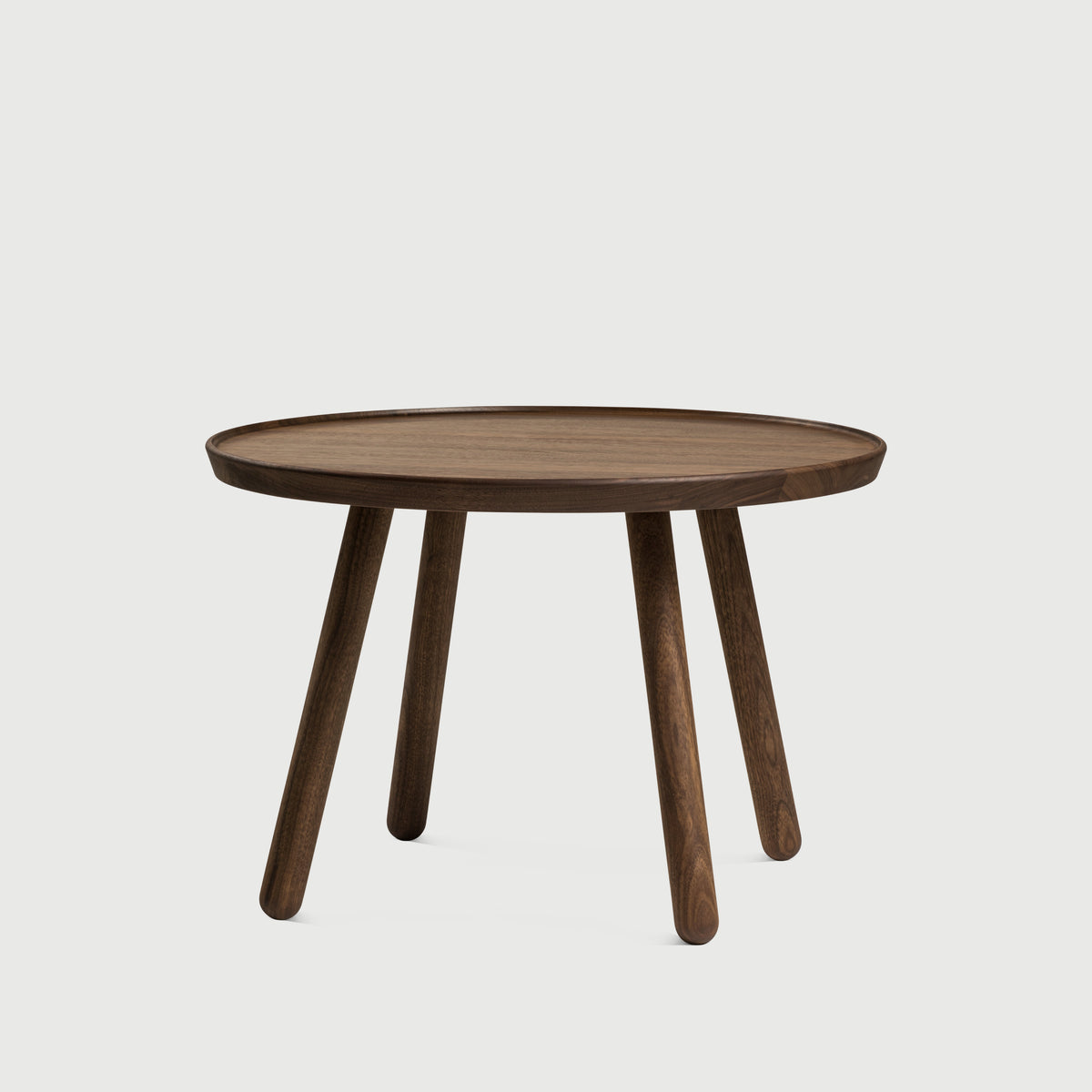 Pelican Coffee Table three-quarter view of the round top and three legs; original walnut design reference