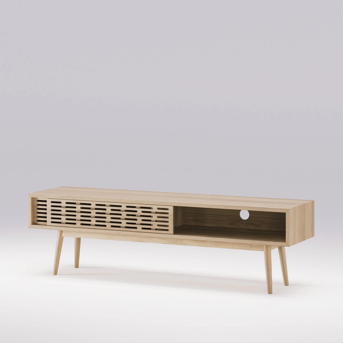 Radio Media Console open sliding door and storage interior; original oak design reference
