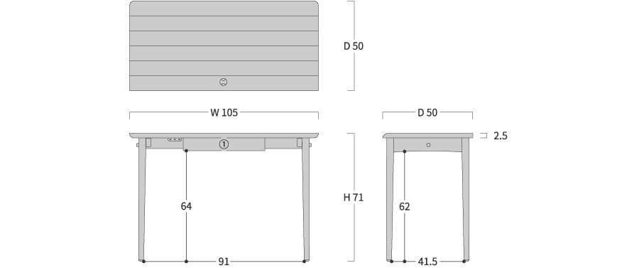 RODAN Desk: Original dimension drawing; original design reference, not Gulmohar teak finish