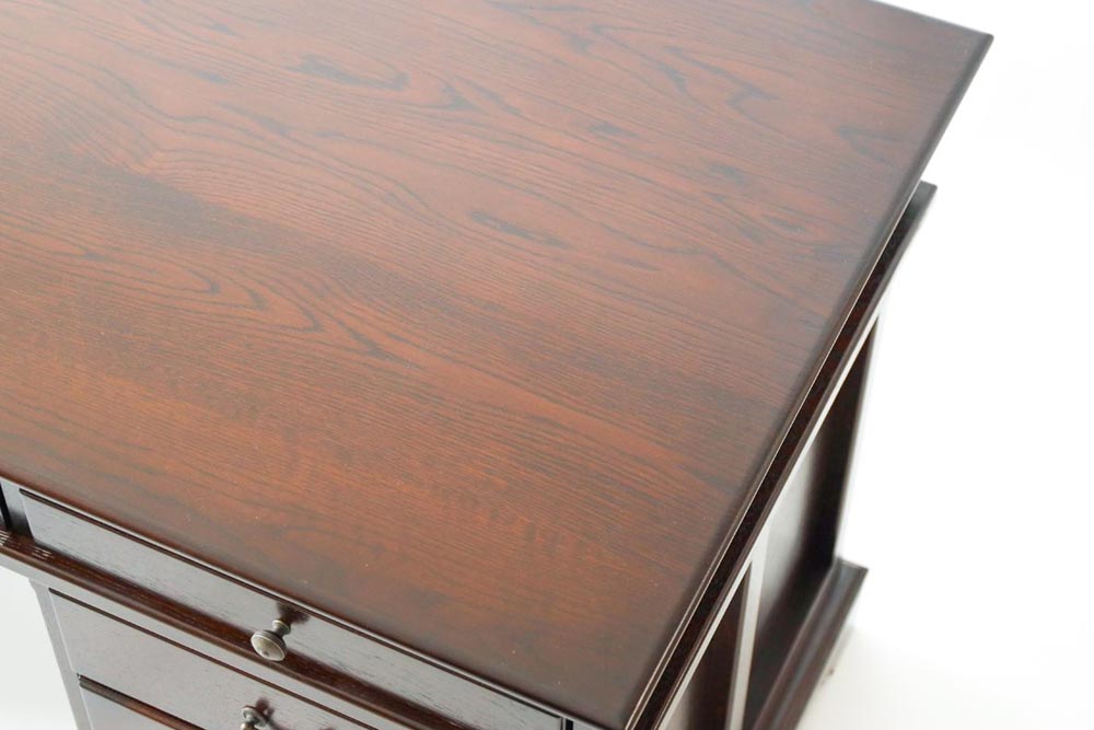 Bacchus 2sides drawers desk: Tabletop detail; original design reference, not Gulmohar teak finish