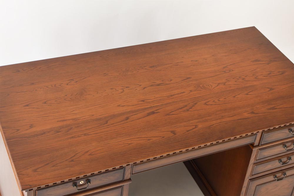 Brooks Double-sleeve desk: Tabletop detail; original design reference, not Gulmohar teak finish