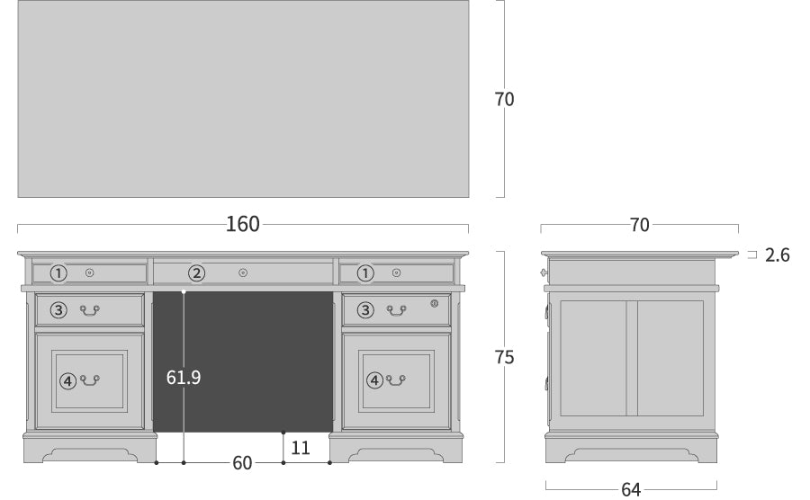 Bacchus 2sides drawers desk: Original dimension drawing; original design reference, not Gulmohar teak finish