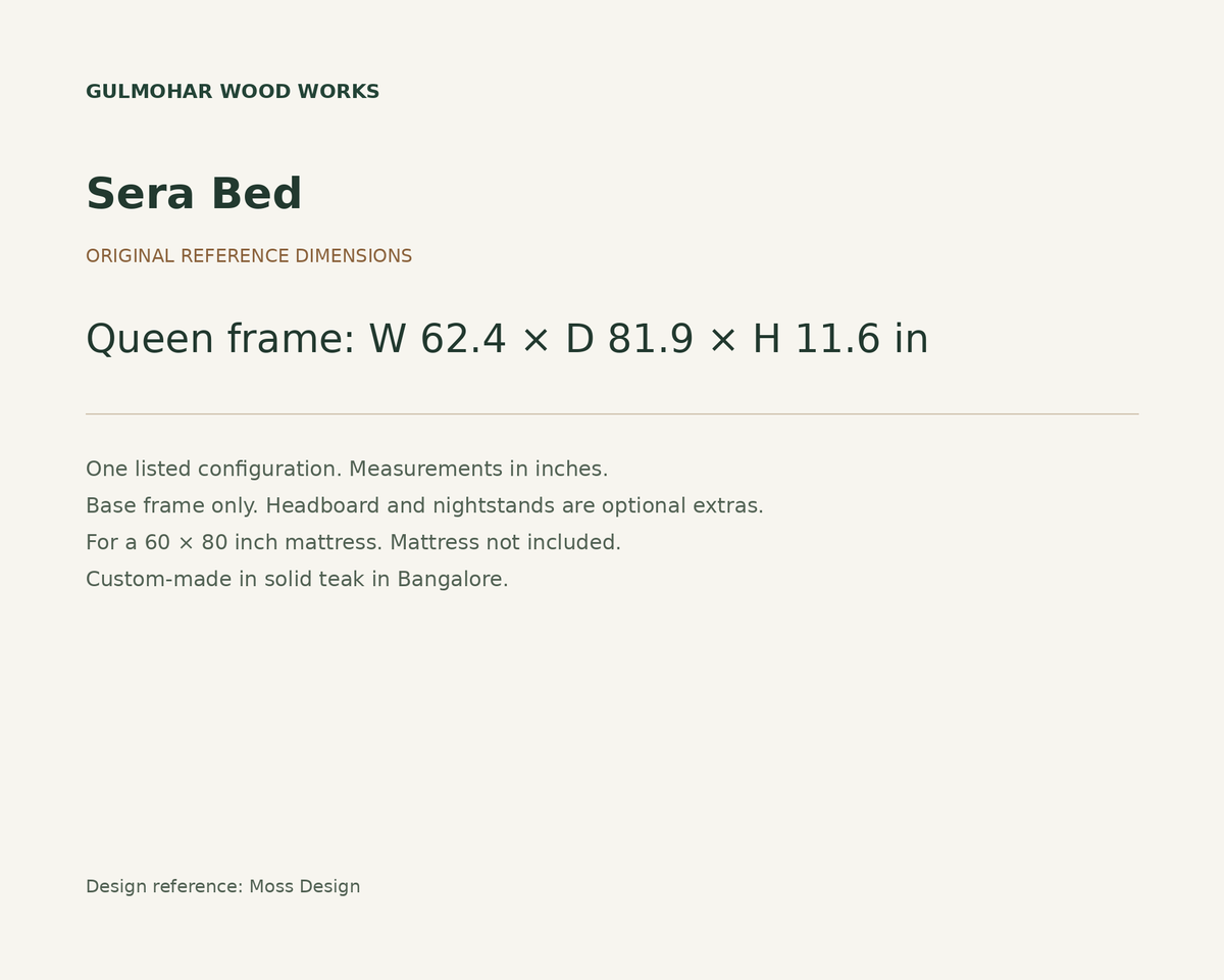Sera Bed dimensions: Queen frame: W 62.4 × D 81.9 × H 11.6 in
