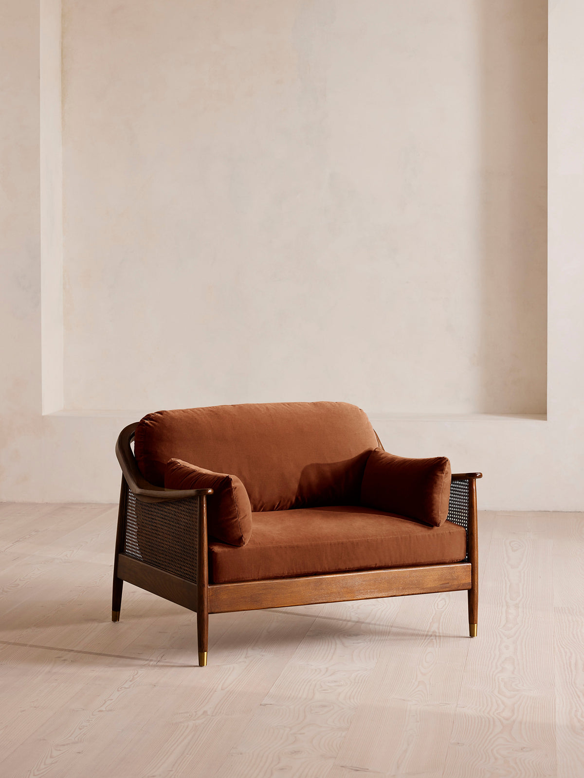 Soho Home Atlanta Loveseat Sofa, front three-quarter view. Original design reference; Gulmohar custom version uses teak.