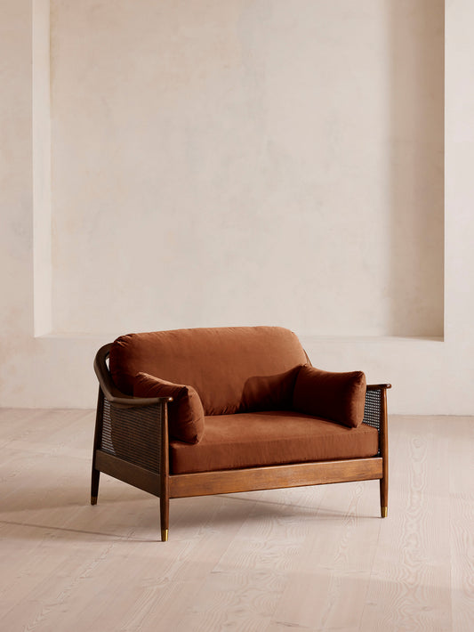 Soho Home Atlanta Loveseat Sofa, front three-quarter view. Original design reference; Gulmohar custom version uses teak.