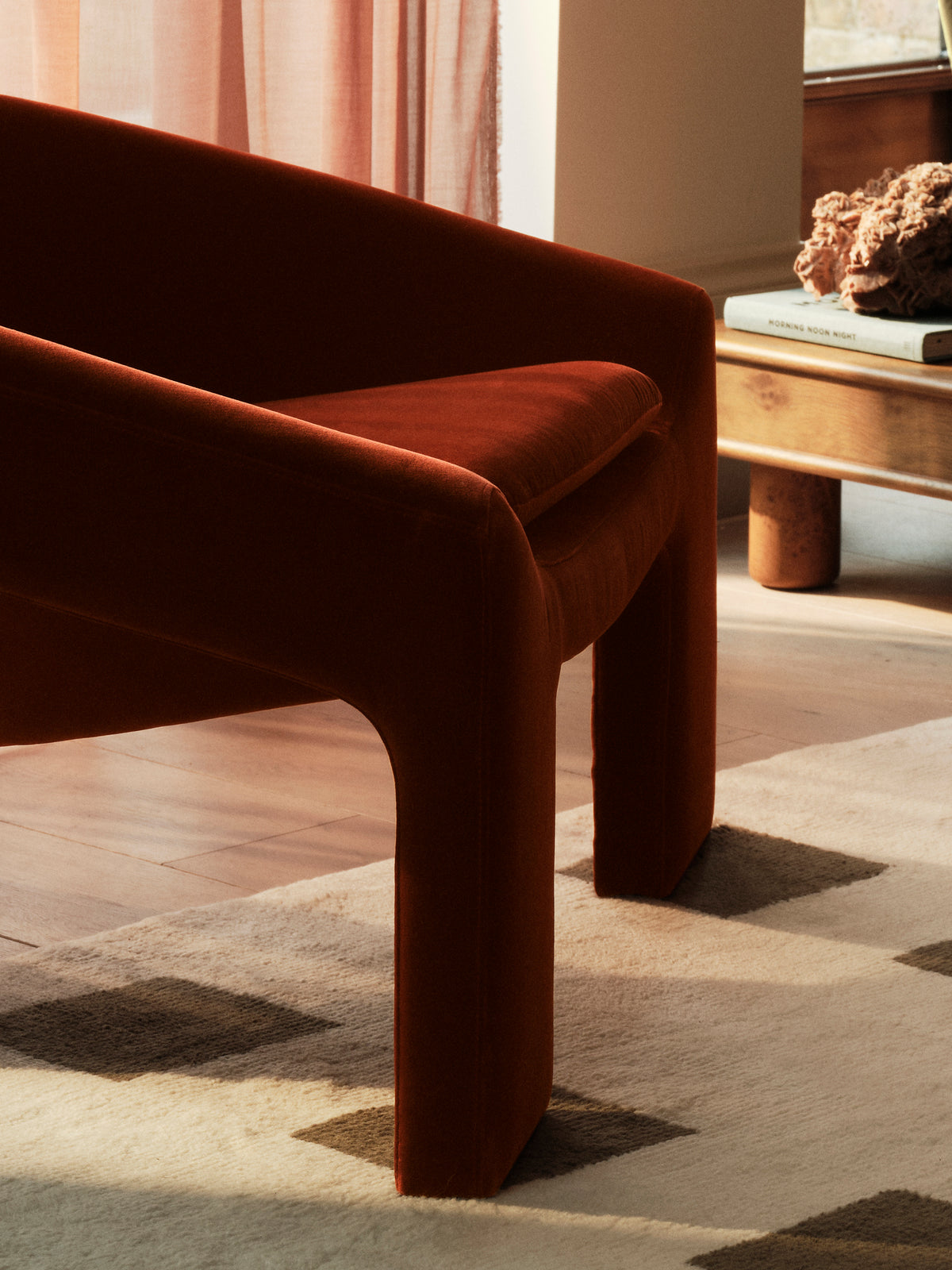 Soho Home Dafne Armchair, upholstery detail. Original design reference; Gulmohar custom version uses teak.