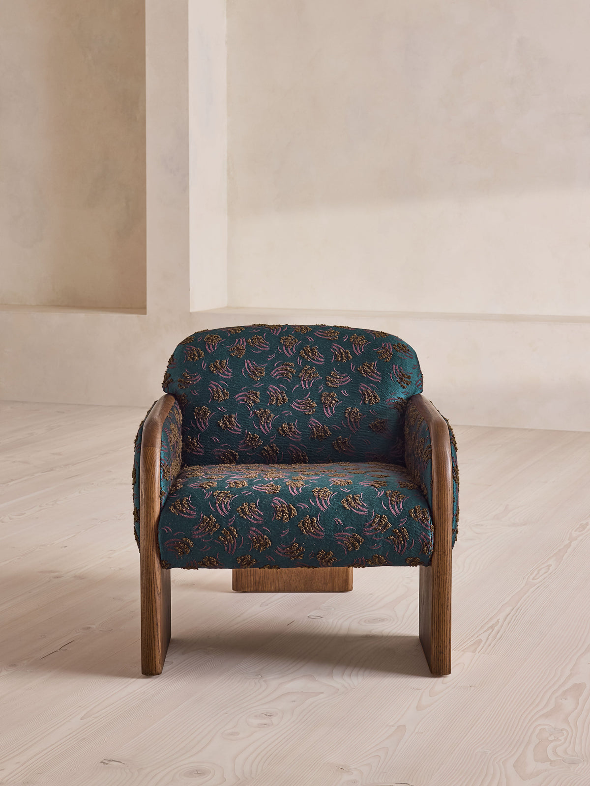 Soho Home Eddie Armchair, front view. Original design reference; Gulmohar custom version uses teak.