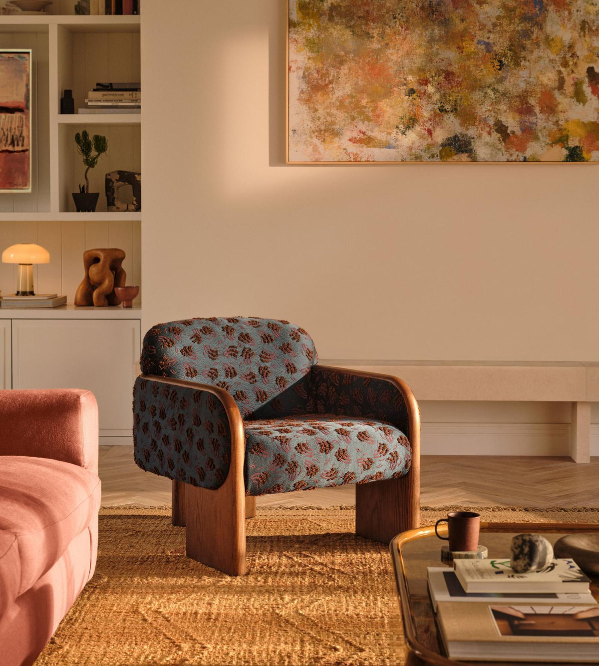 Soho Home Eddie Armchair, lifestyle view. Original design reference; Gulmohar custom version uses teak.