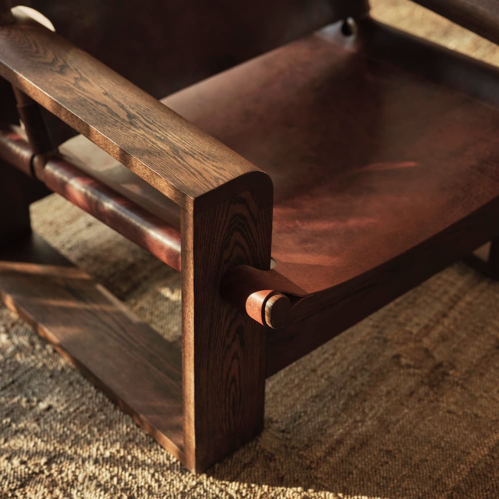 Soho Home Gabriel Leather Armchair, frame and leather detail. Original design reference; Gulmohar custom version uses teak.