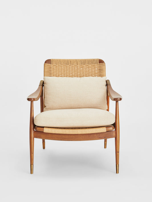 Soho Home Jonas Armchair, front view. Original design reference; Gulmohar custom version uses teak.