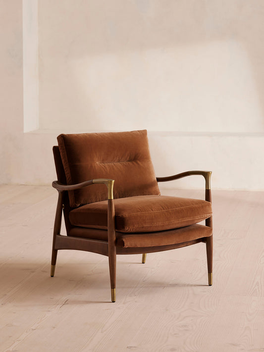 Soho Home Theodore Armchair, front three-quarter view. Original design reference; Gulmohar custom version uses teak.